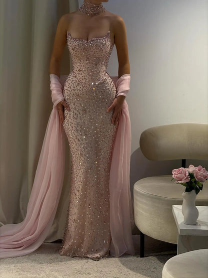 Pink Crystal Beaded Strapless Dress With Shawl
