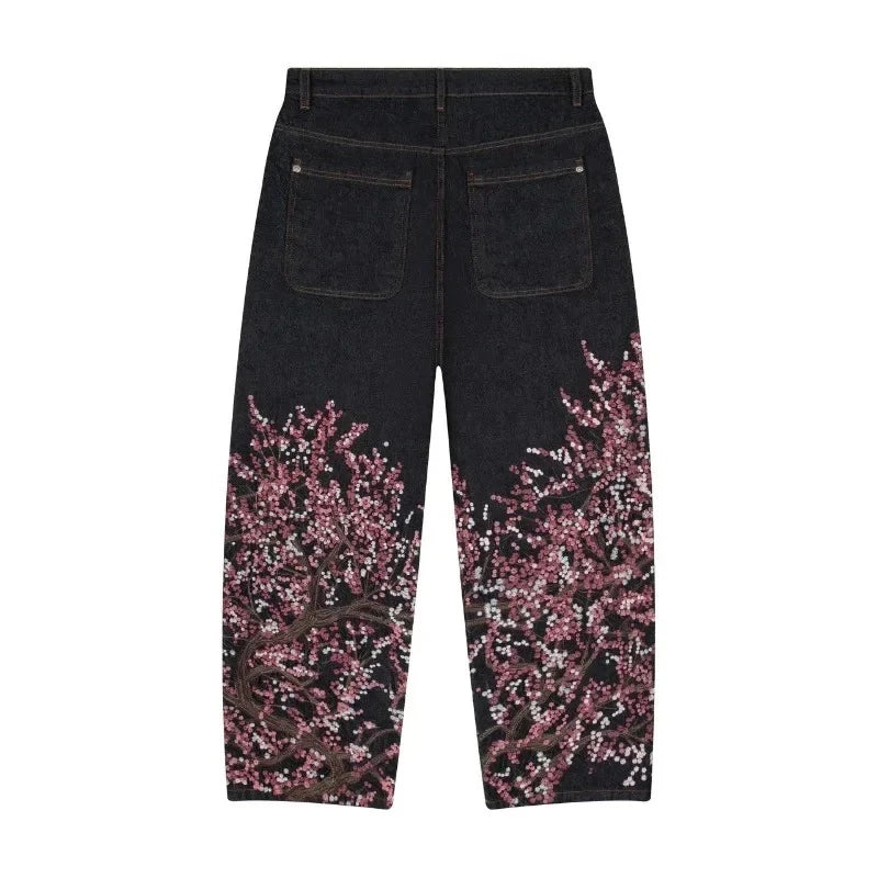 Cherry Blossom Selvedge Embroidery Denim Pants Unisex