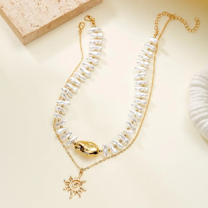 Baroque Irregular Imitation Pearl Sun Pendant Necklace