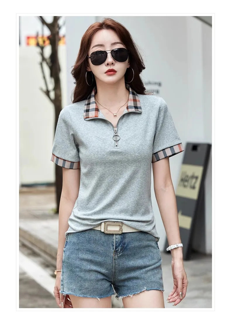 Polo Collar Checkered Short sleeved T-shirt Women's
