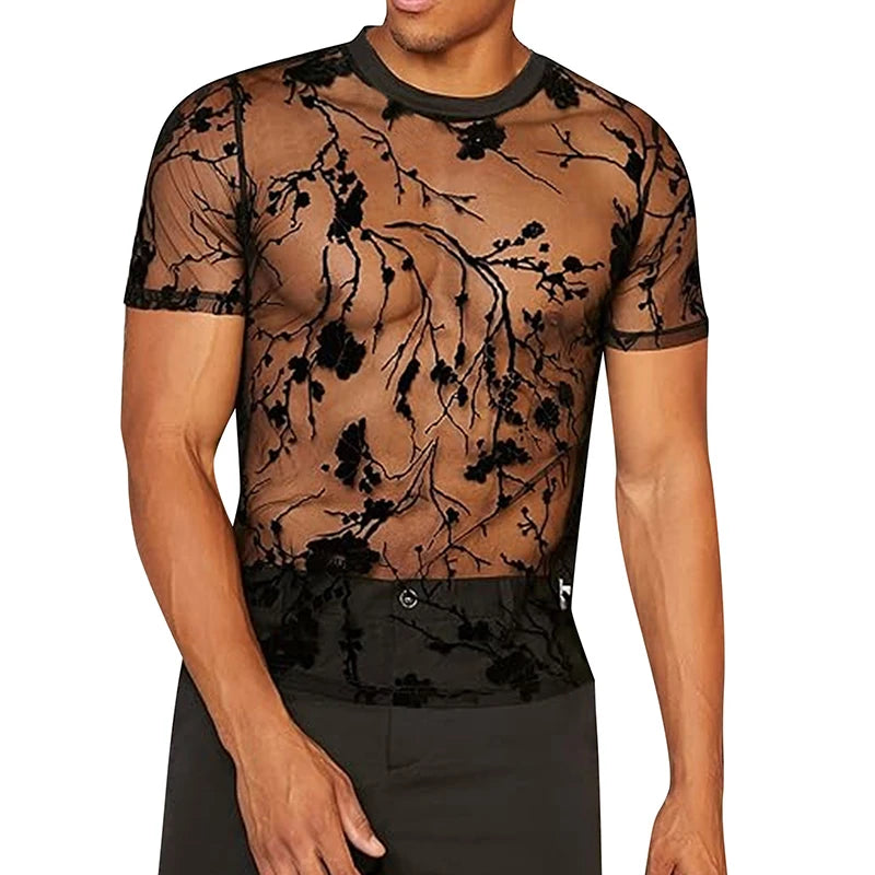 Hollow-Out O Neck Short Sleeve Tees Rose Printed  Knitwear for Men