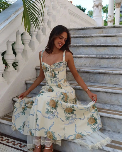 Floral Print Fishbone Waist Spaghetti Straps Dress