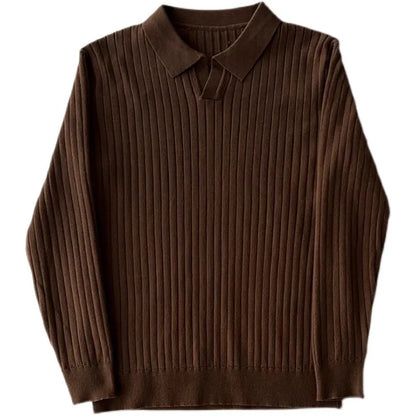 Retro Knit Lapel Striped Polo Shirt for Men