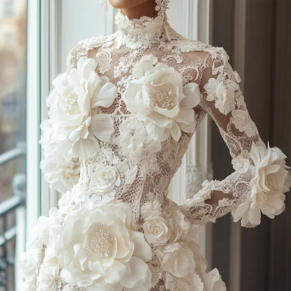 Cocktail High Collar Flowers Long Sleeves Mini Dress
