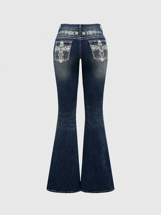 Retro Embroidered Cross Wing Flare Jeans for Women