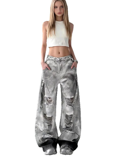 Women's Grey Ripped Jeans Cargo