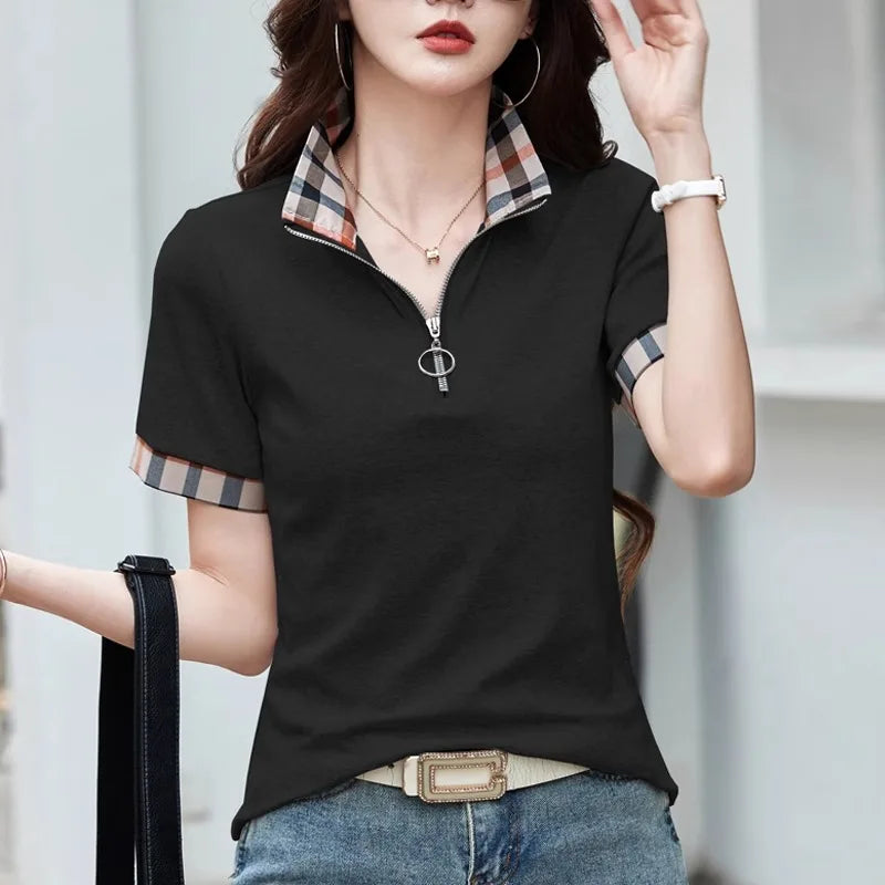 Polo Collar Checkered Short sleeved T-shirt Women's