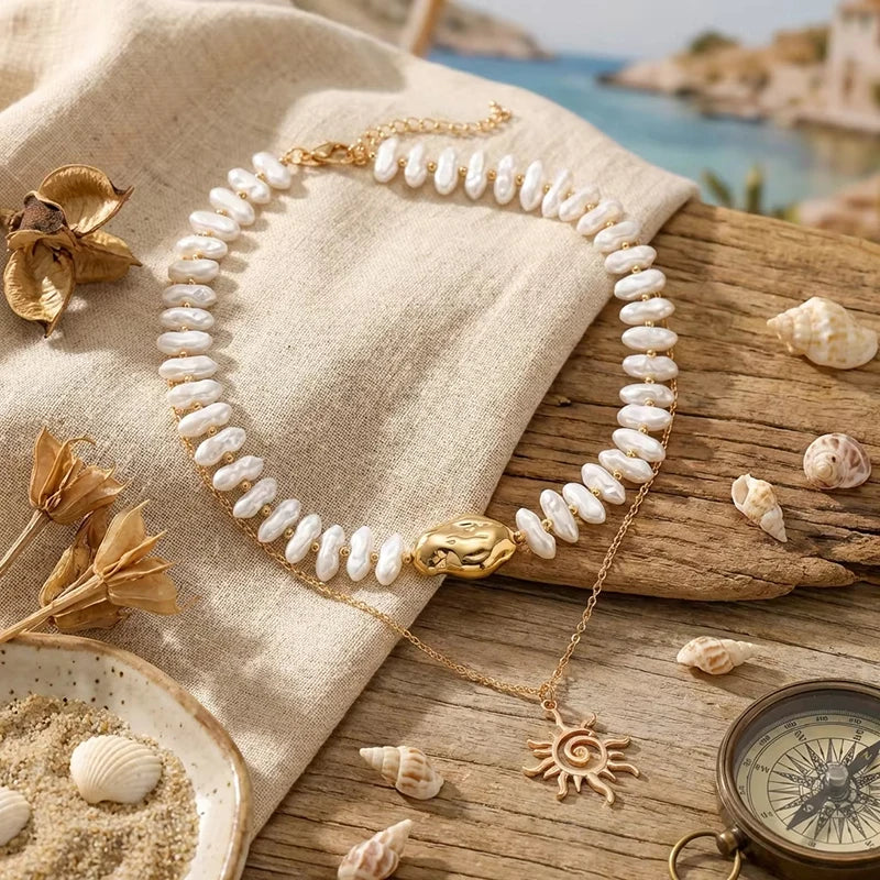 Baroque Irregular Imitation Pearl Sun Pendant Necklace