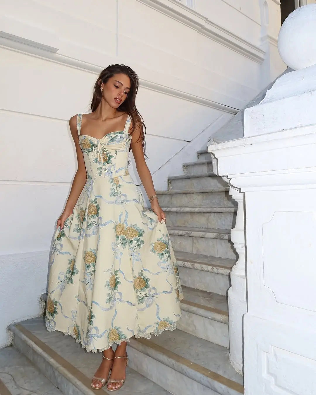 Floral Print Fishbone Waist Spaghetti Straps Dress