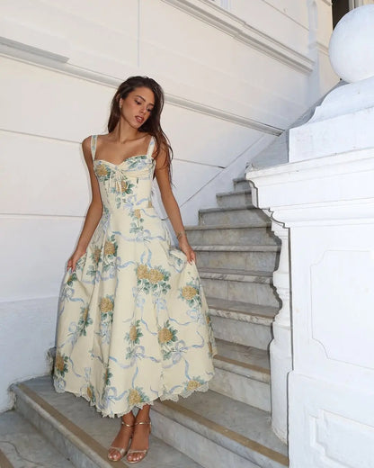 Floral Print Fishbone Waist Spaghetti Straps Dress