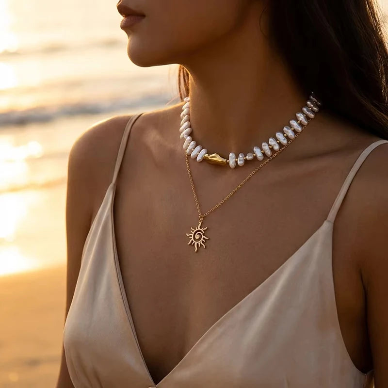 Baroque Irregular Imitation Pearl Sun Pendant Necklace