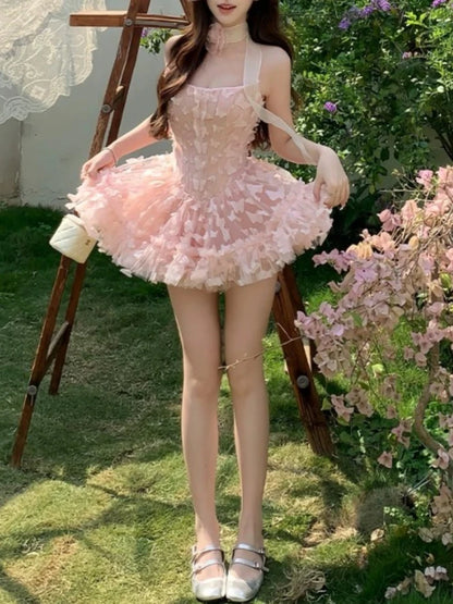 French Elegant Sweet Pink Fairy Dress Women