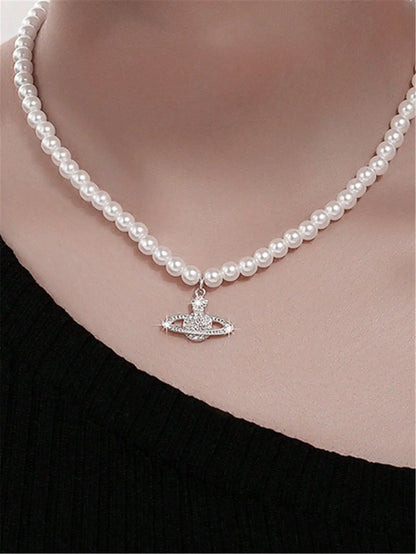 Pearl Bead Necklace with Rhinestone Planet-Style Pendant for Women