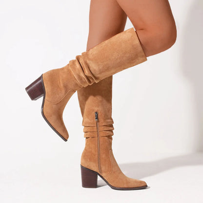 Faux Flock Pointed Toe Chunky High Heeled Pleated Side Zipper