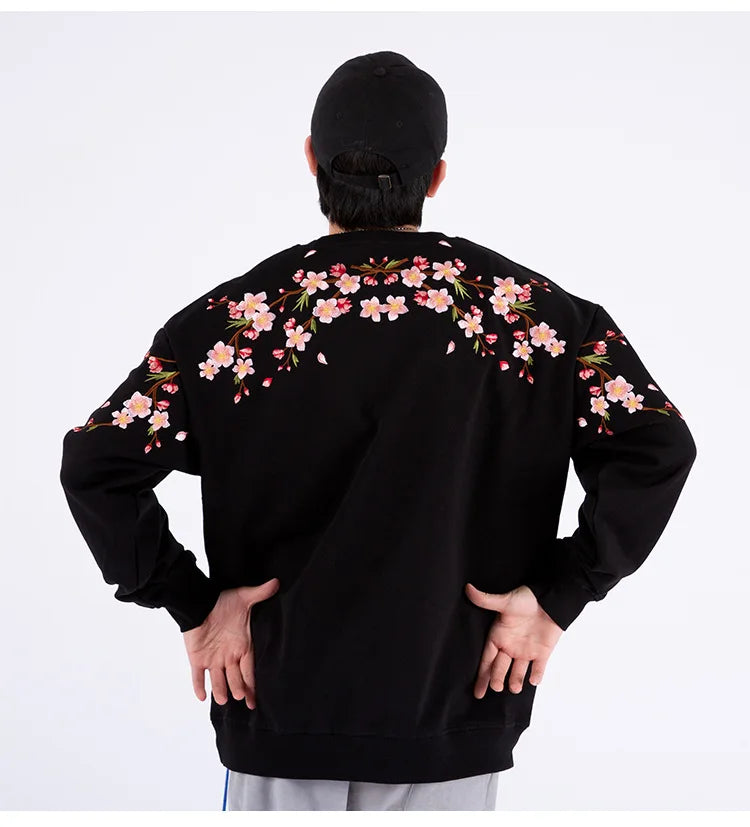 Vintage Flower Embroidery Sweatshirt Hoodies men