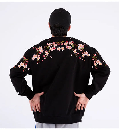 Vintage Flower Embroidery Sweatshirt Hoodies men