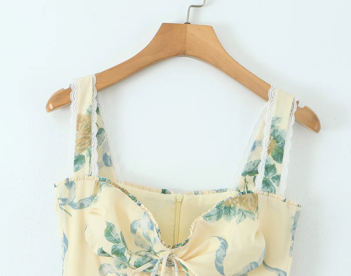 Floral Print Fishbone Waist Spaghetti Straps Dress