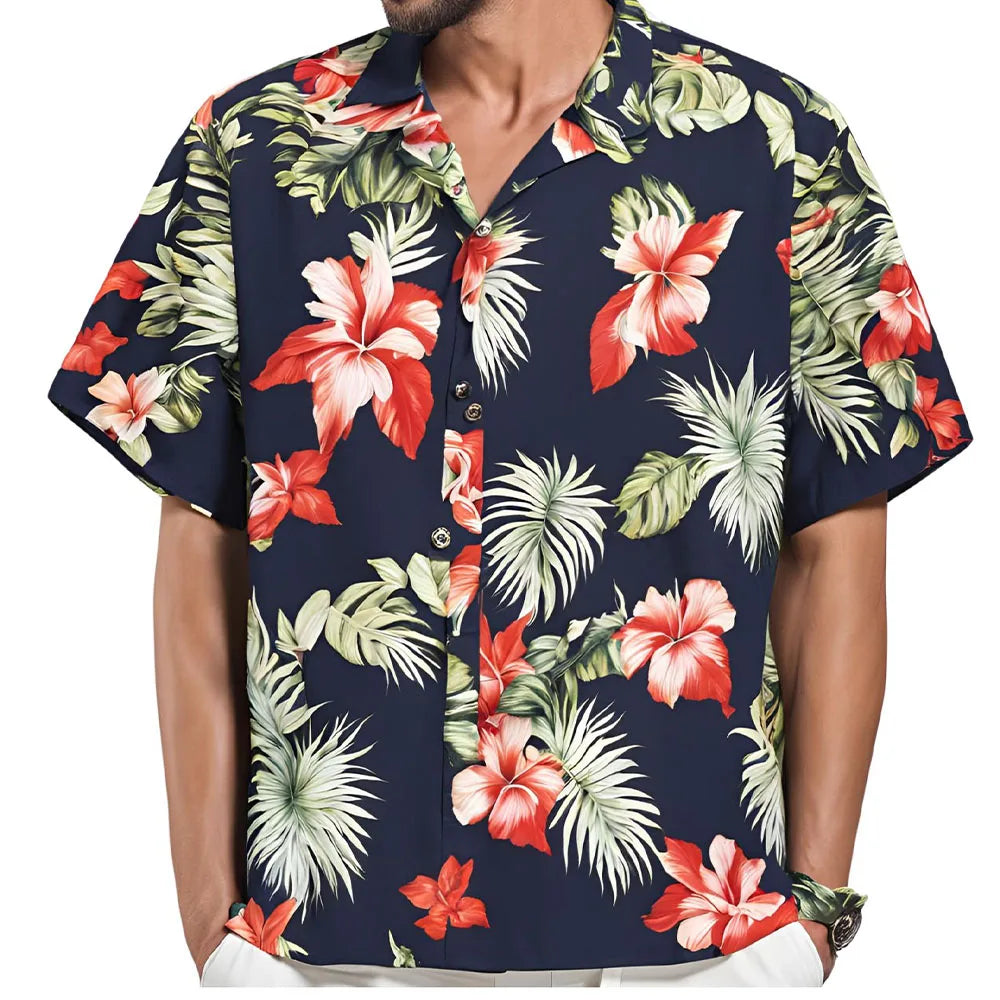 Hawaiian Botanical Flower Print Lapel Seaside Shirt