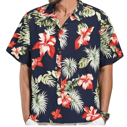 Hawaiian Botanical Flower Print Lapel Seaside Shirt