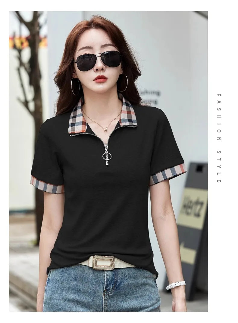 Polo Collar Checkered Short sleeved T-shirt Women's