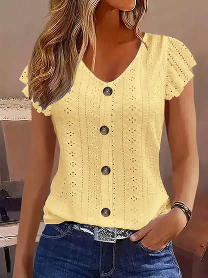 Ruffle sleeve V-neck T-shirt
