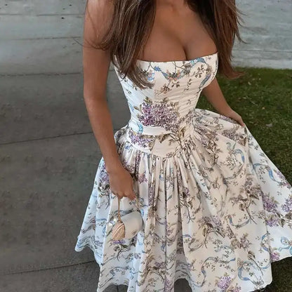 Floral Printed Sexy A-line Dress Women