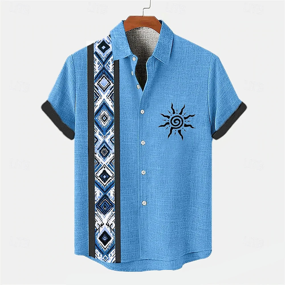 Men's retro linen shirt summer short sleeved patchwork pattern Shirt