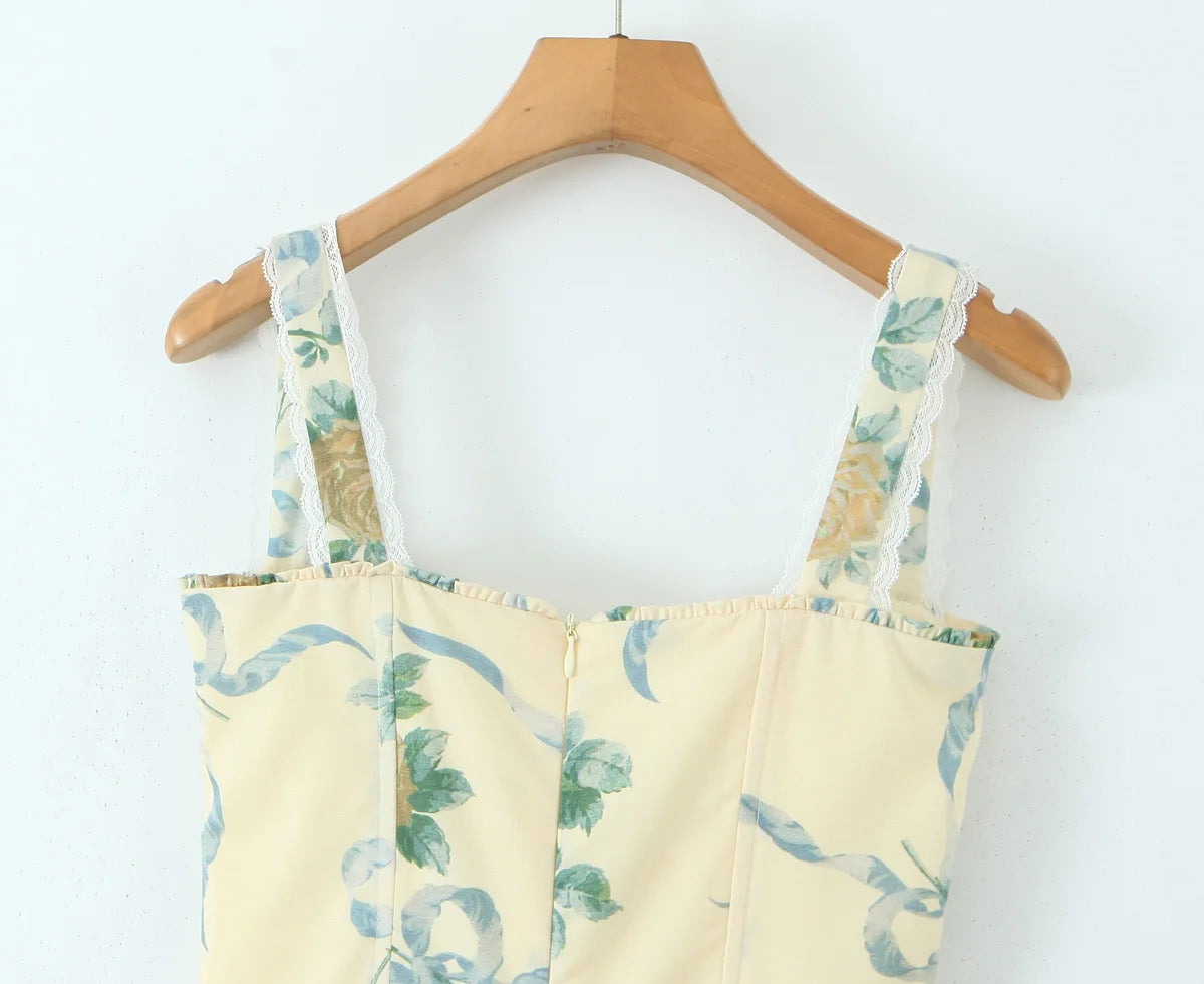 Floral Print Fishbone Waist Spaghetti Straps Dress