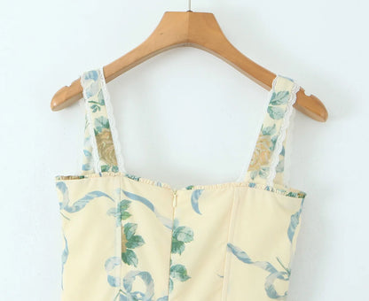 Floral Print Fishbone Waist Spaghetti Straps Dress