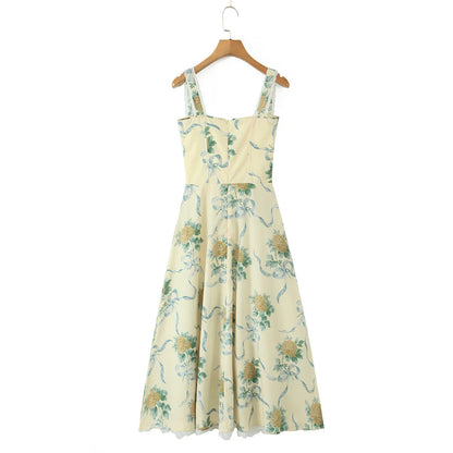 Floral Print Fishbone Waist Spaghetti Straps Dress