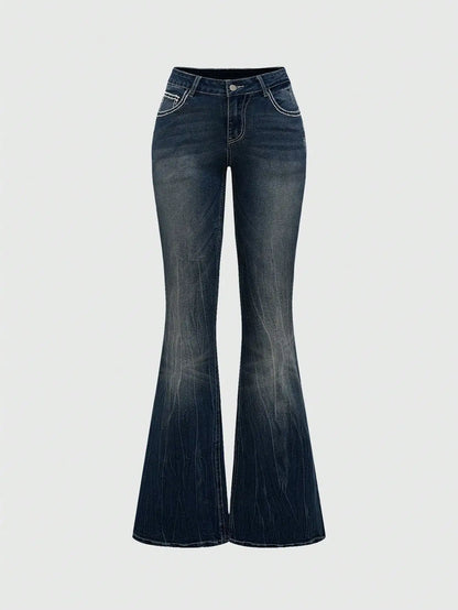 Retro Embroidered Cross Wing Flare Jeans for Women