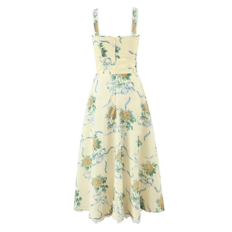 Floral Print Fishbone Waist Spaghetti Straps Dress