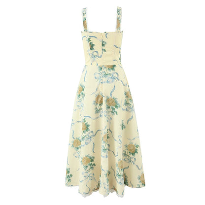 Floral Print Fishbone Waist Spaghetti Straps Dress