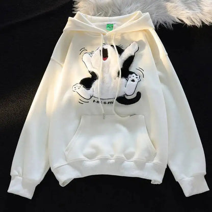 Flock Embroidery Cartoon Cat Patchwork Hoodies for women