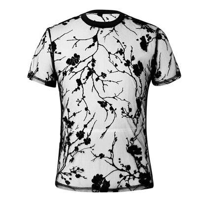 Hollow-Out O Neck Short Sleeve Tees Rose Printed  Knitwear for Men