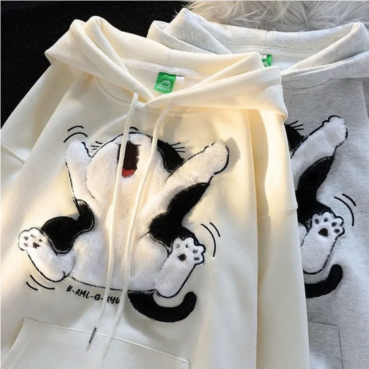 Flock Embroidery Cartoon Cat Patchwork Hoodies for women
