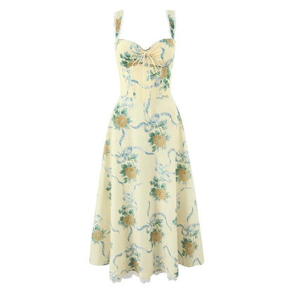 Floral Print Fishbone Waist Spaghetti Straps Dress