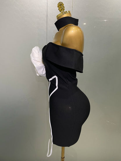White Flower Black Mini Bodycon Bandage Dress
