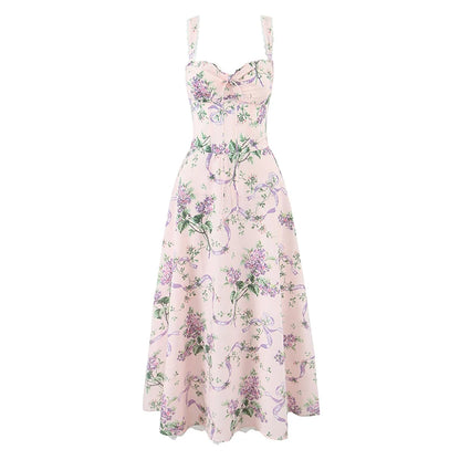 Floral Print Fishbone Waist Spaghetti Straps Dress