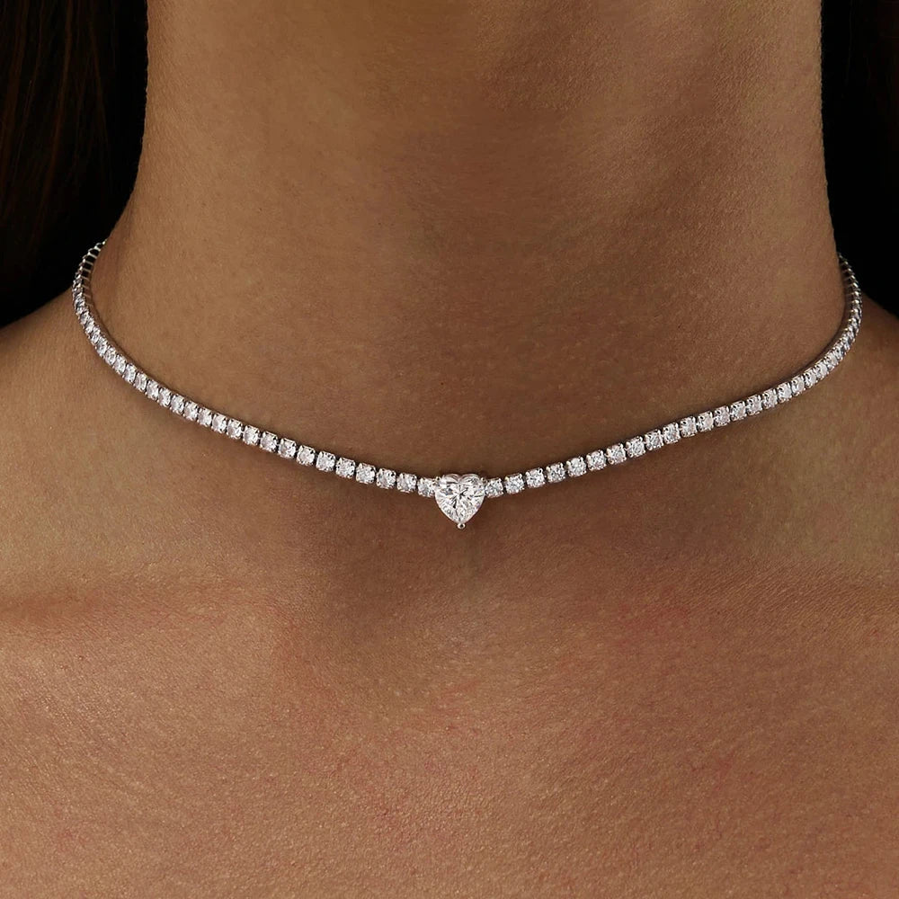 Moissanite Diamond Tennis Necklace With Heart Cut