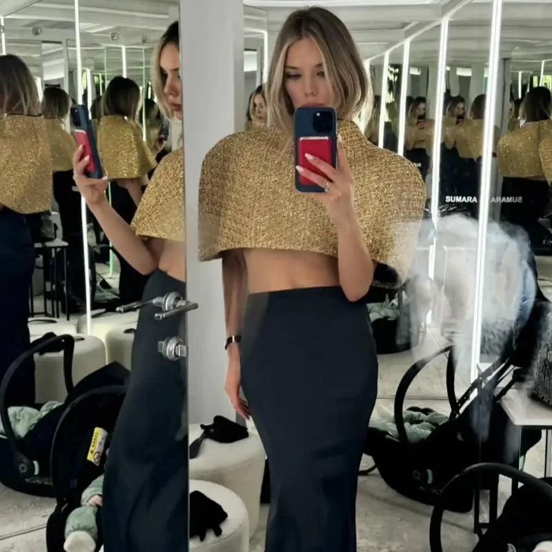 Capelet Shiny Tweed Shoulder Top