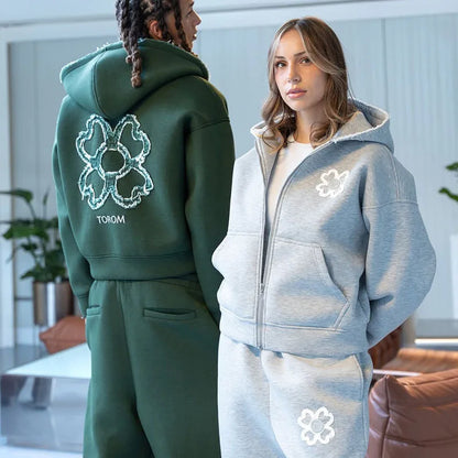 Olive Green Embroidered Zip Hoodie for Unisex