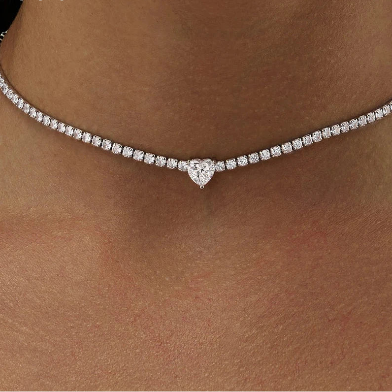 Moissanite Diamond Tennis Necklace With Heart Cut