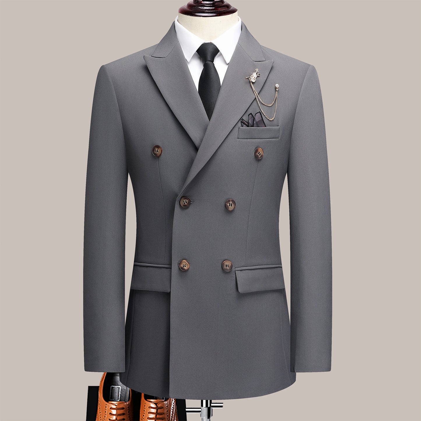 Men's Solid Color Suit Two-Piece Set With Lapel Collar