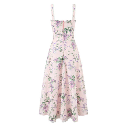 Floral Print Fishbone Waist Spaghetti Straps Dress