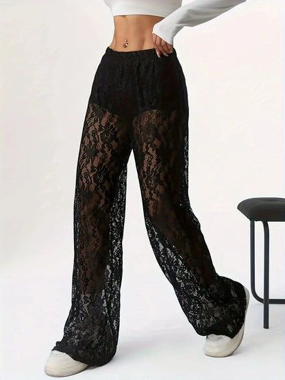 Lace Jacquard Micro Transparent Splicing Straight Leg Casual Pants