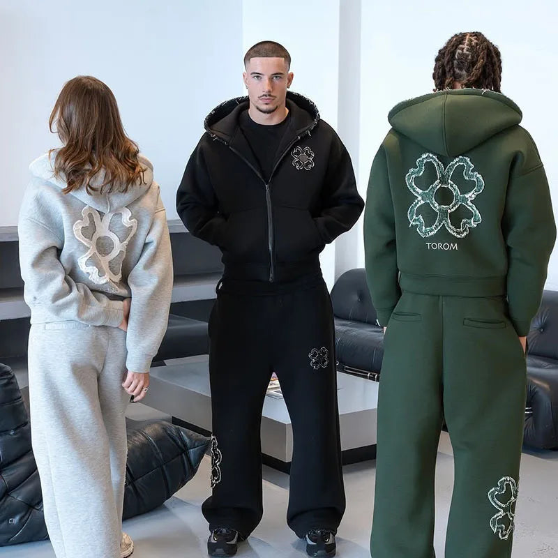 Olive Green Embroidered Zip Hoodie for Unisex