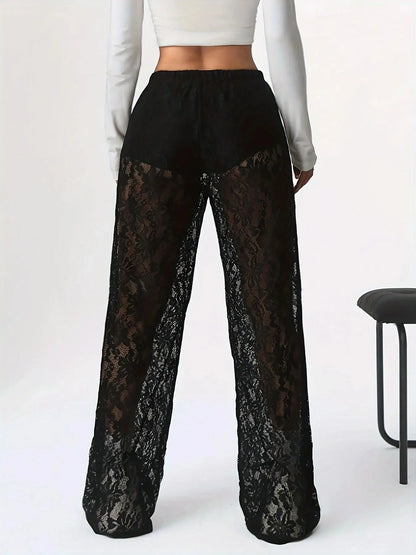 Lace Jacquard Micro Transparent Splicing Straight Leg Casual Pants