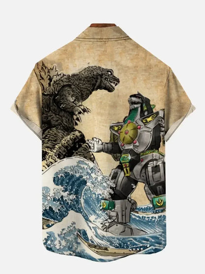 Monster with Mech Ocean Waves Short Sleeve Shirt