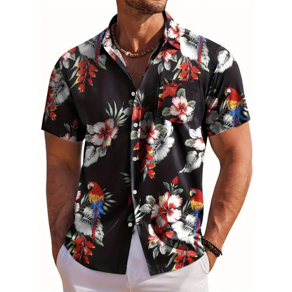 Hawaiian Botanical Flower Print Lapel Seaside Shirt
